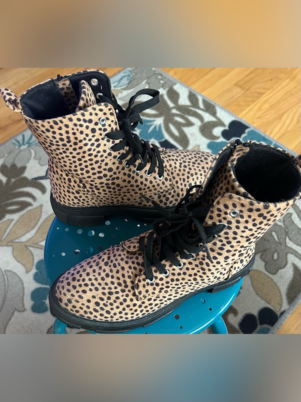 Leopard Print Combat Boots with Side Zippers